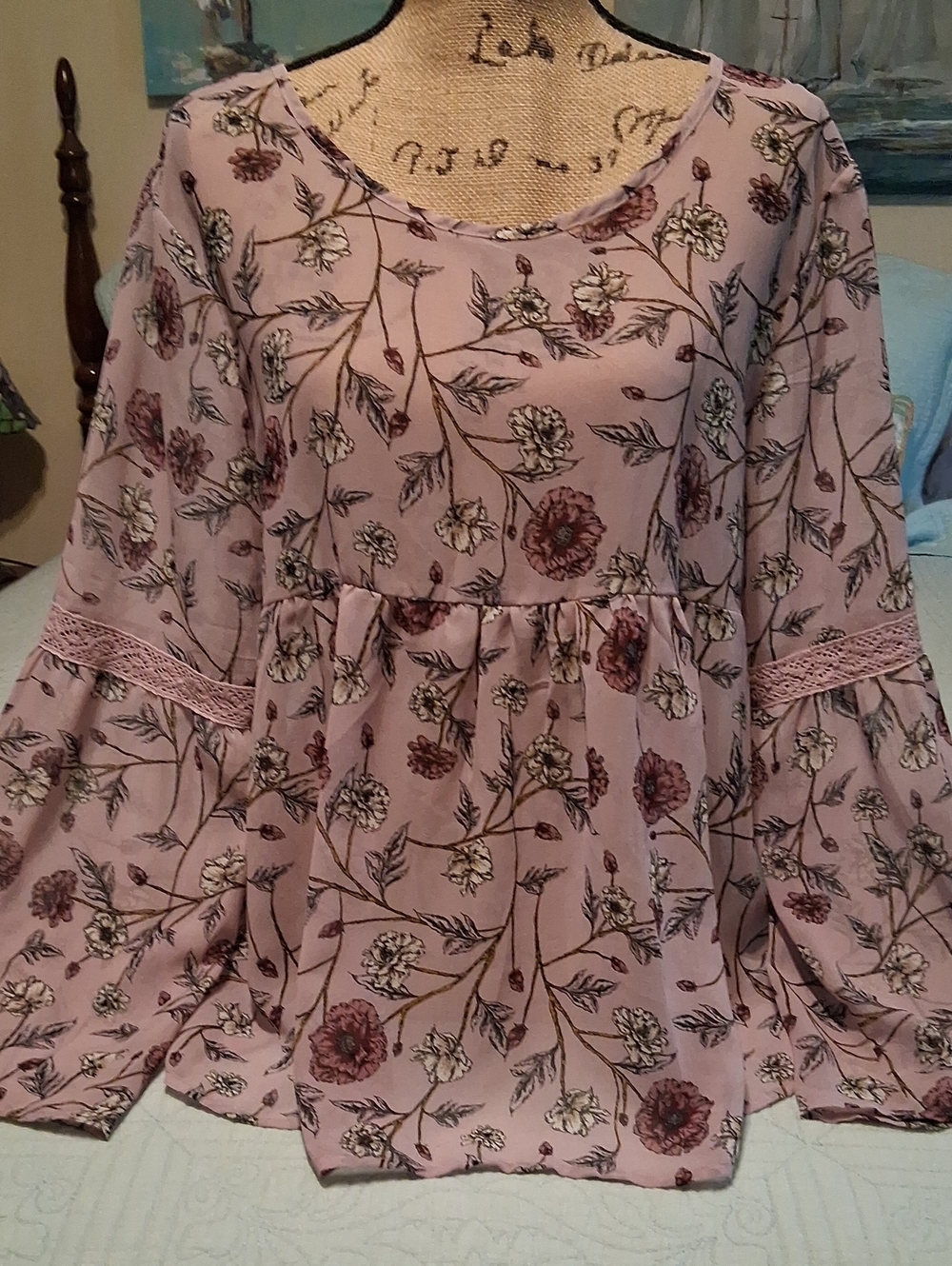 Floral Lace-Trim Pink Peasant Blouse
